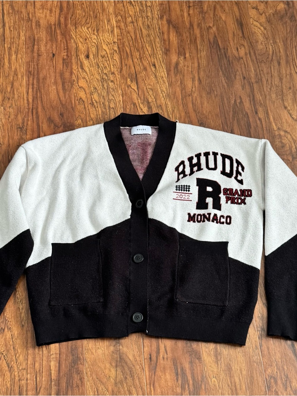 “Rhude Monaco Grand Prix 2022 Cardigan Sweater Black White Varsity Men’s” - Picture 2 of 4